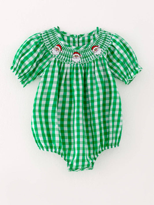 Rylee Faith Designs Christmas Santa Claus Smocking Green Plaid Embroidery Baby Girls Romper