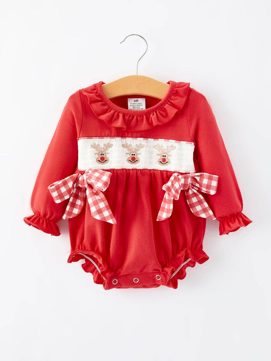 Rylee Faith Designs Christmas Smocking Embroidery Bow Girls Romper