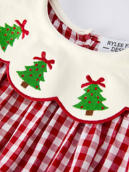 Rylee Faith Designs Christmas Tree Embroidery Red Gingham Long Sleeve Baby Girl Bloomers Set