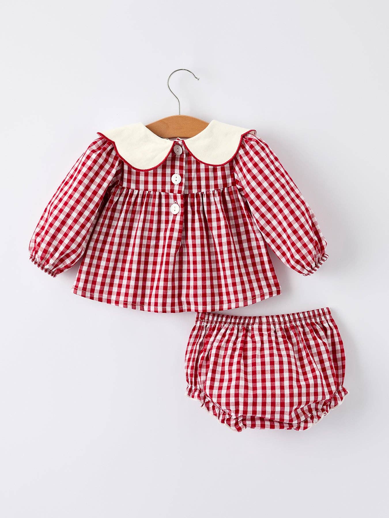 Rylee Faith Designs Christmas Tree Embroidery Red Gingham Long Sleeve Baby Girl Bloomers Set