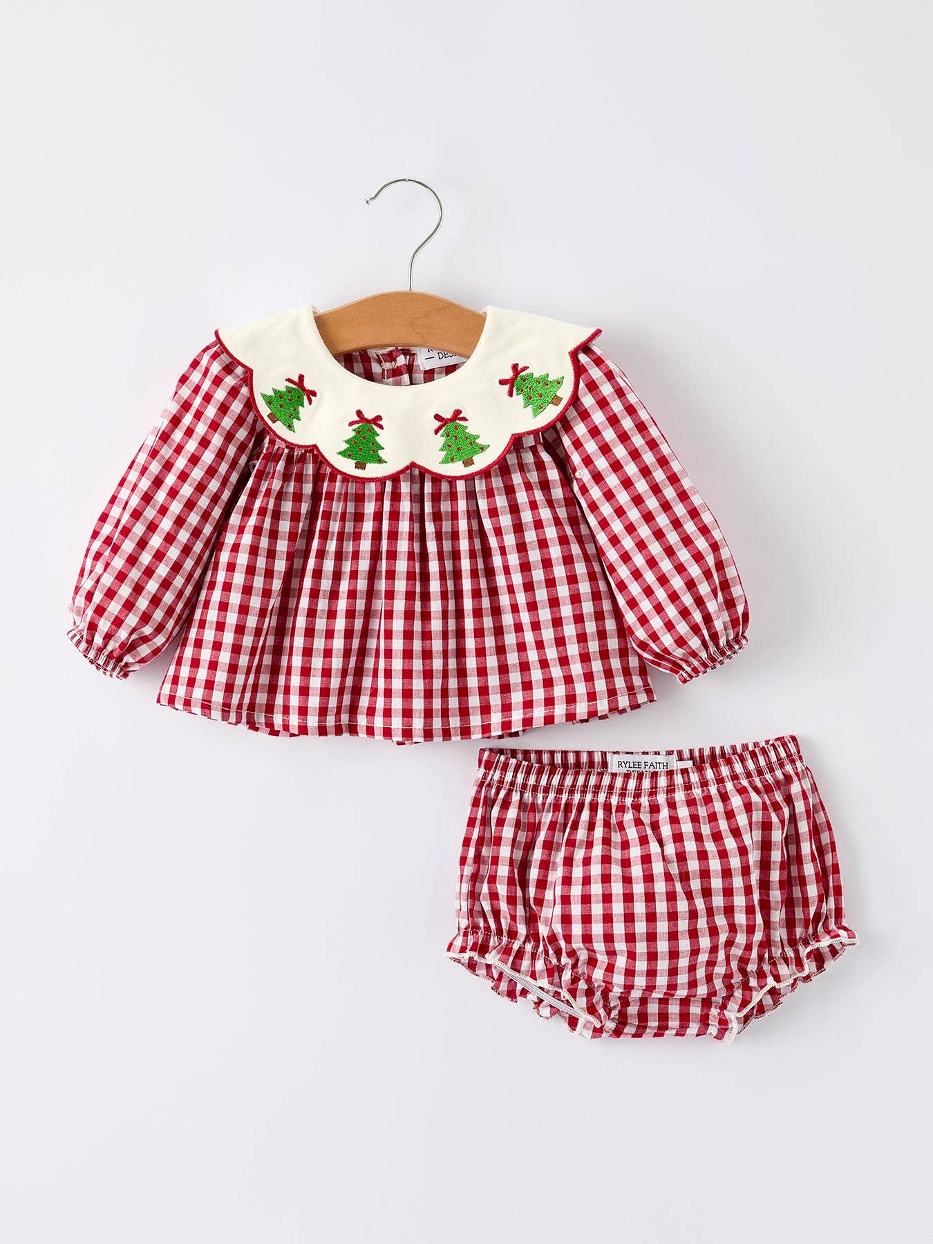 Rylee Faith Designs Christmas Tree Embroidery Red Gingham Long Sleeve Baby Girl Bloomers Set