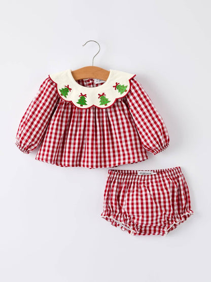 Rylee Faith Designs Christmas Tree Embroidery Red Gingham Long Sleeve Baby Girl Bloomers Set
