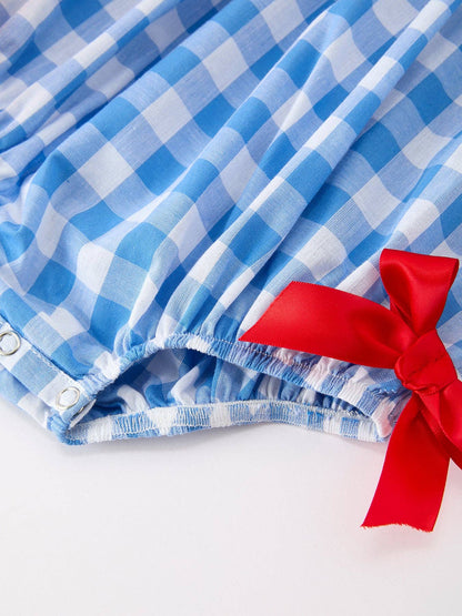 Rylee Faith Designs Girls 4th of July Plaid Romper Bow Embroidery Petals Collar