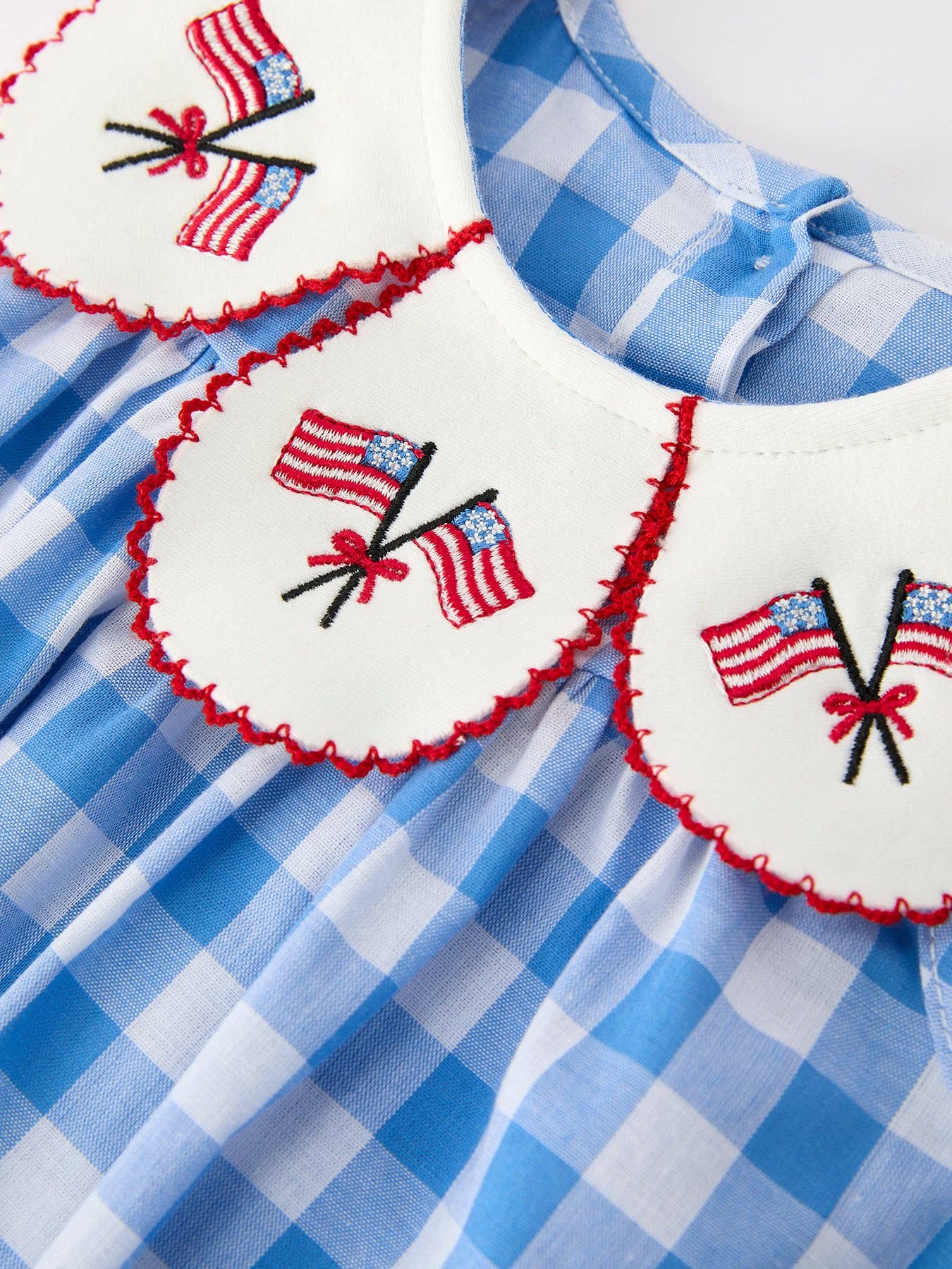Rylee Faith Designs Girls 4th of July Plaid Romper Bow Embroidery Petals Collar