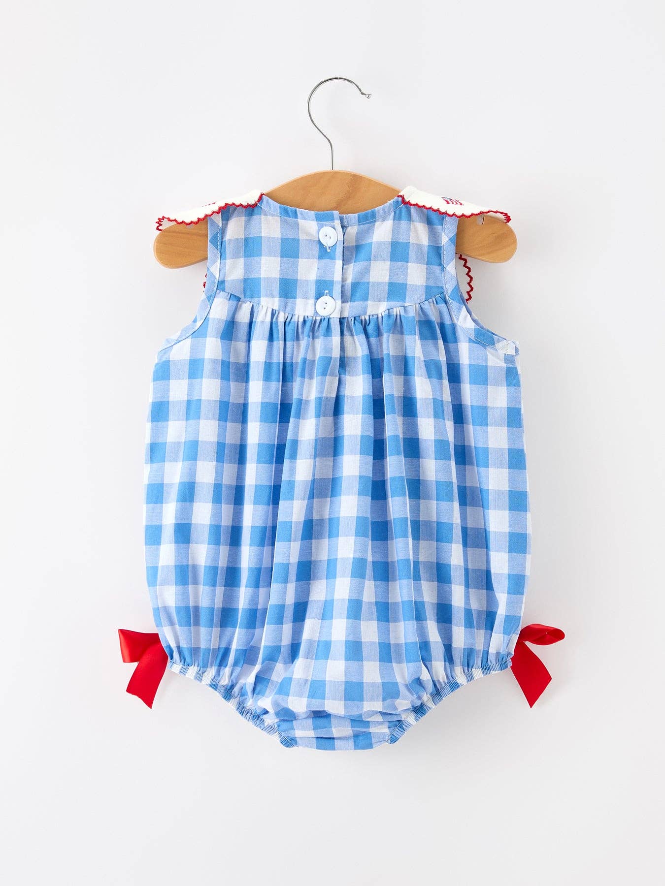 Rylee Faith Designs Girls 4th of July Plaid Romper Bow Embroidery Petals Collar