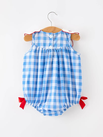 Rylee Faith Designs Girls 4th of July Plaid Romper Bow Embroidery Petals Collar