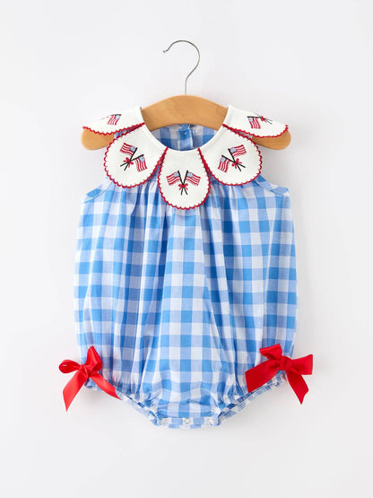 Rylee Faith Designs Girls 4th of July Plaid Romper Bow Embroidery Petals Collar