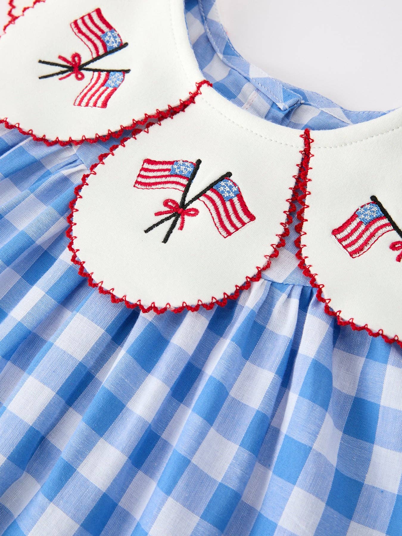 Rylee Faith Designs Girls 4th of July Plaid Twirl Dress Bow Embroidery Petals Collar
