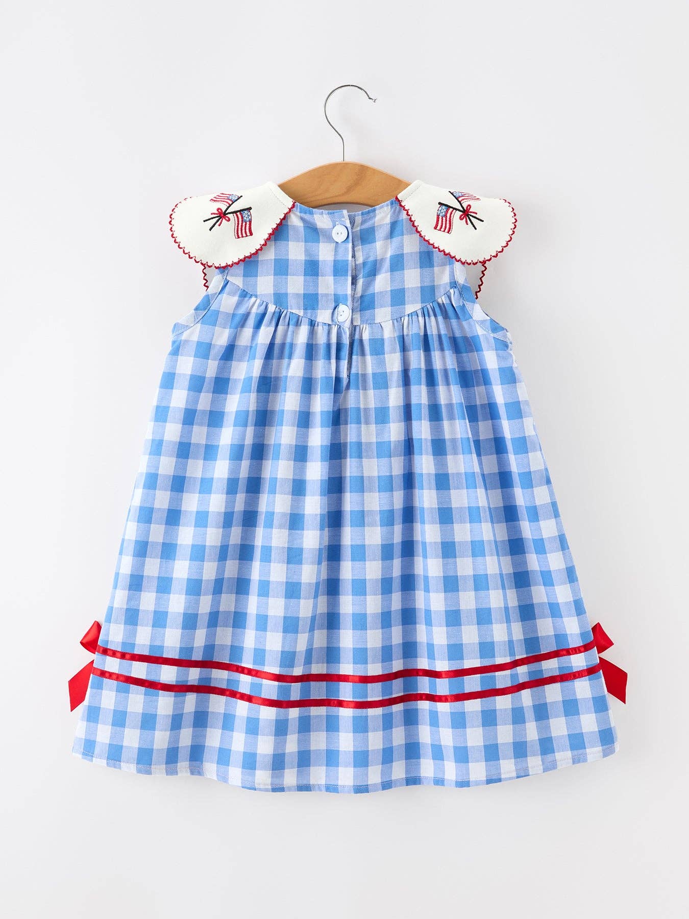 Rylee Faith Designs Girls 4th of July Plaid Twirl Dress Bow Embroidery Petals Collar