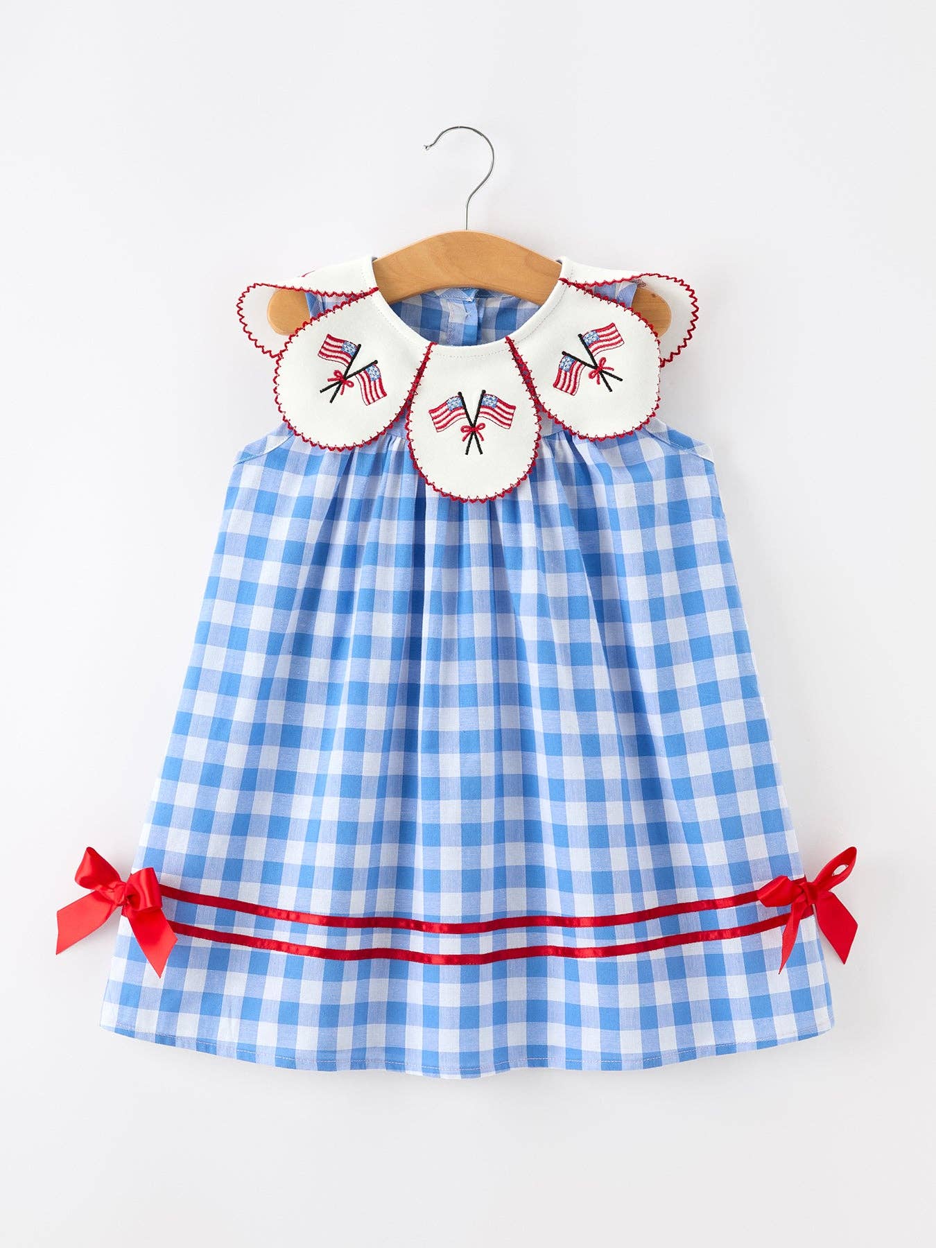 Rylee Faith Designs Girls 4th of July Plaid Twirl Dress Bow Embroidery Petals Collar