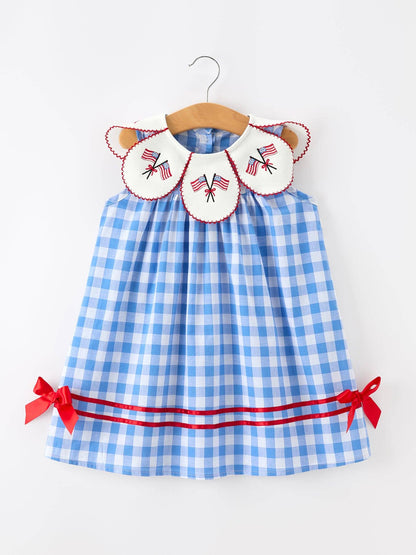 Rylee Faith Designs Girls 4th of July Plaid Twirl Dress Bow Embroidery Petals Collar