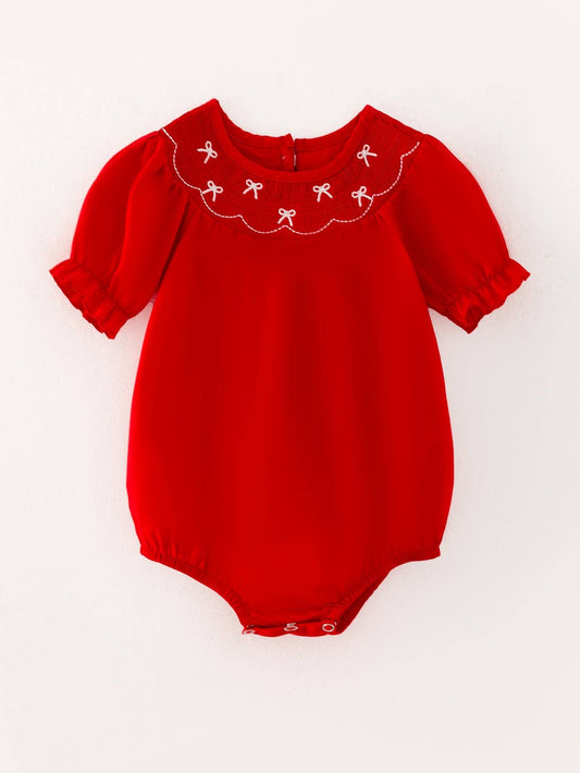 Rylee Faith Designs Girls Bow Smocking Embroidered Red Romper