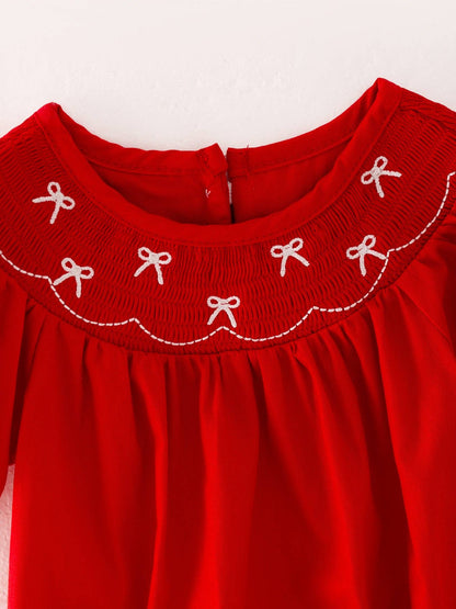 Rylee Faith Designs Girls Bow Smocking Embroidered Red Romper