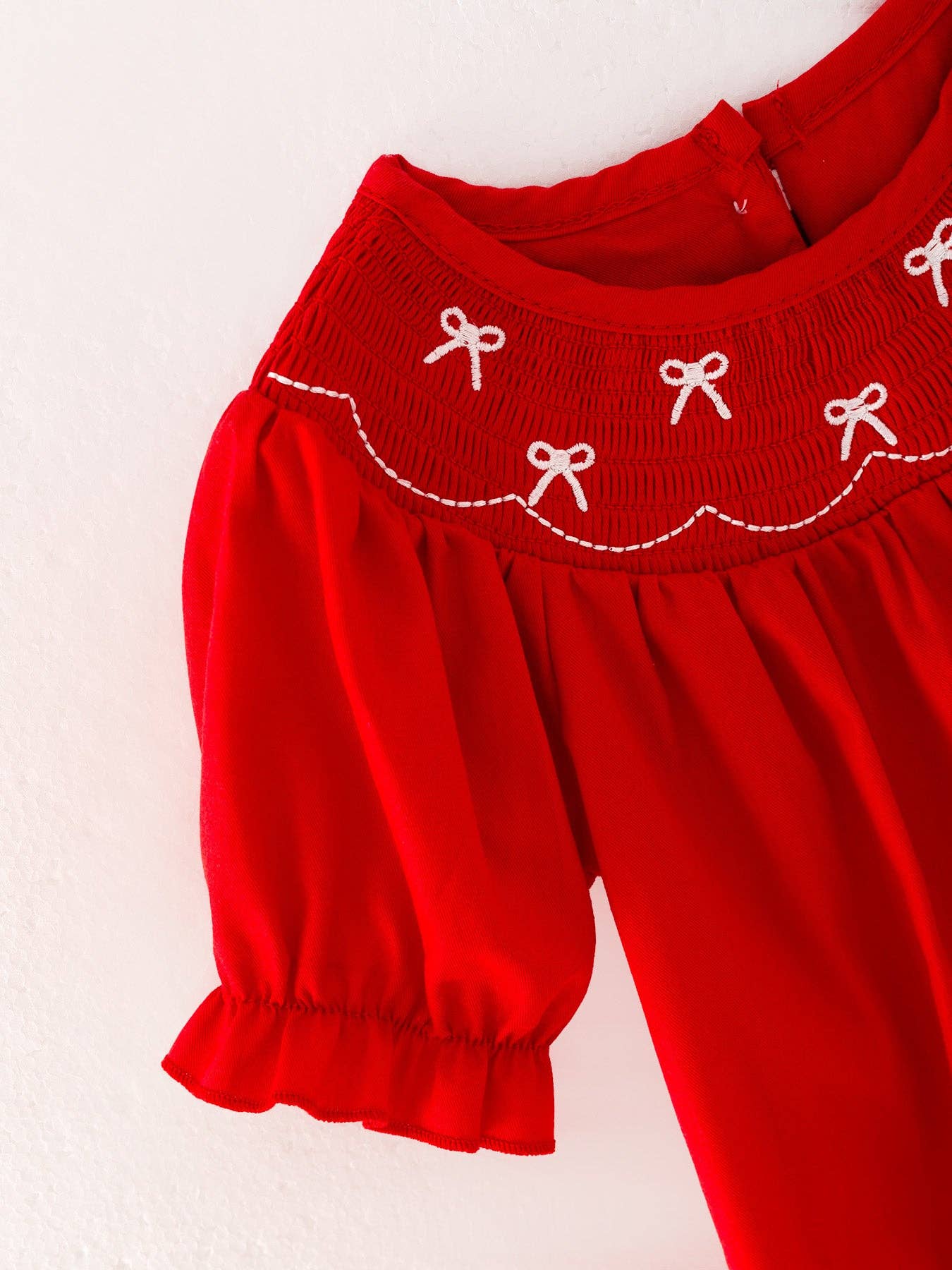 Rylee Faith Designs Girls Bow Smocking Embroidered Red Romper