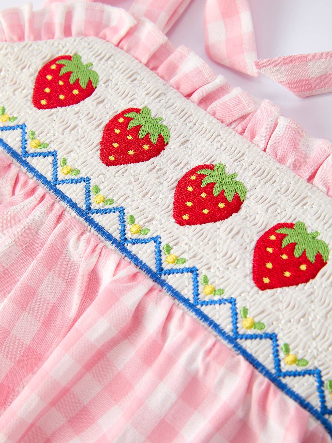 Rylee Faith Designs Strawberry Embroidery Girl Romper Bow Strap Ruffle