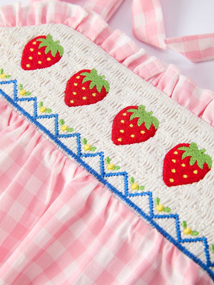 Rylee Faith Designs Strawberry Embroidery Girl Romper Bow Strap Ruffle