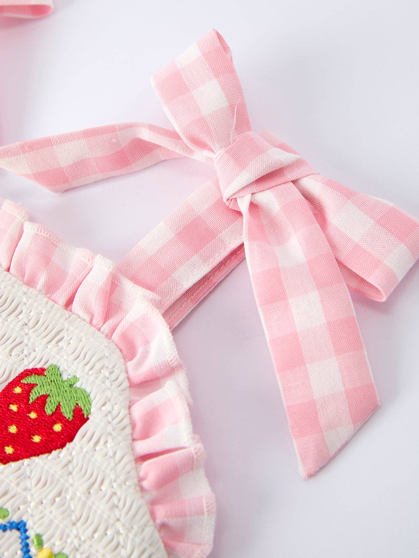 Rylee Faith Designs Strawberry Embroidery Girl Romper Bow Strap Ruffle