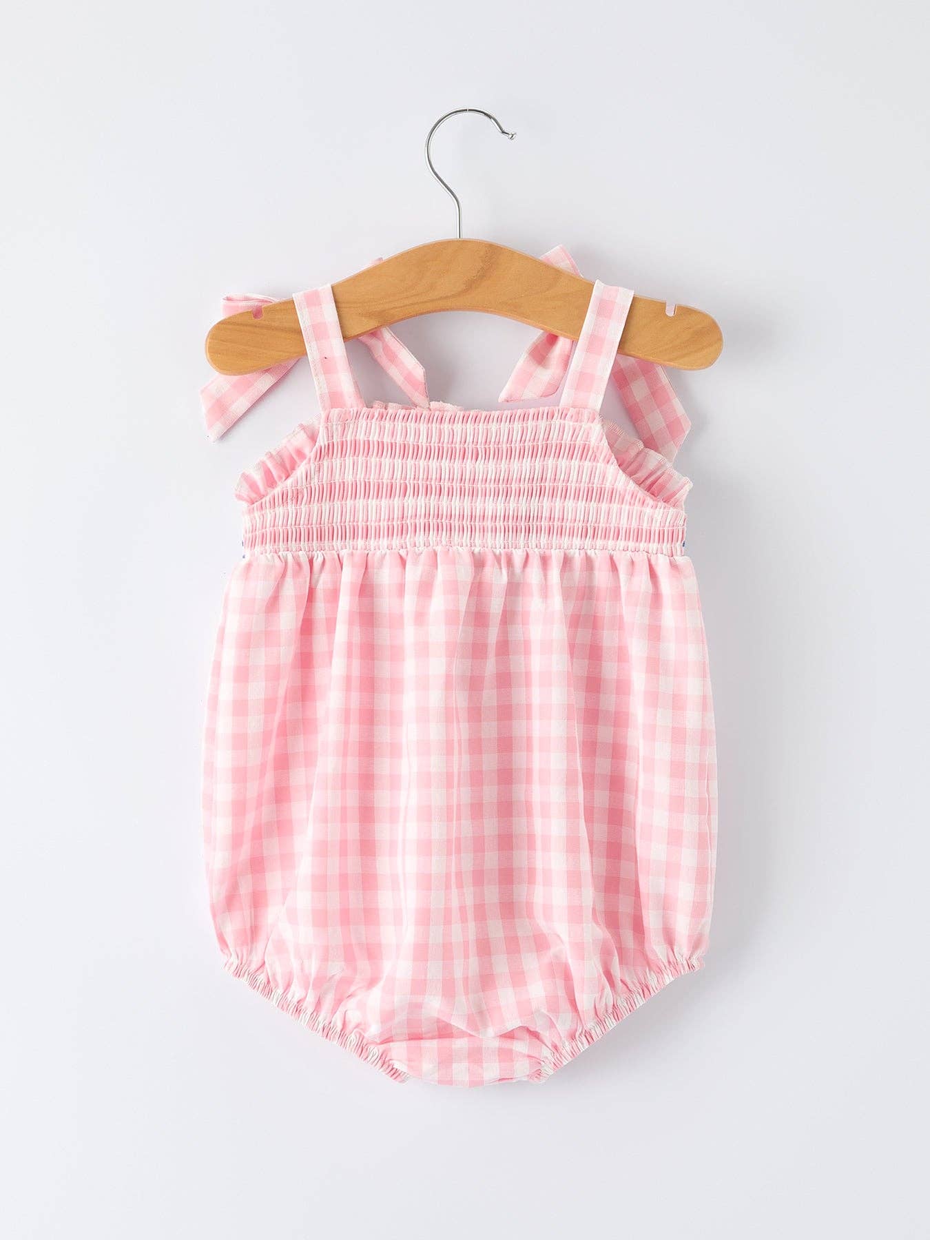 Rylee Faith Designs Strawberry Embroidery Girl Romper Bow Strap Ruffle