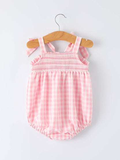Rylee Faith Designs Strawberry Embroidery Girl Romper Bow Strap Ruffle