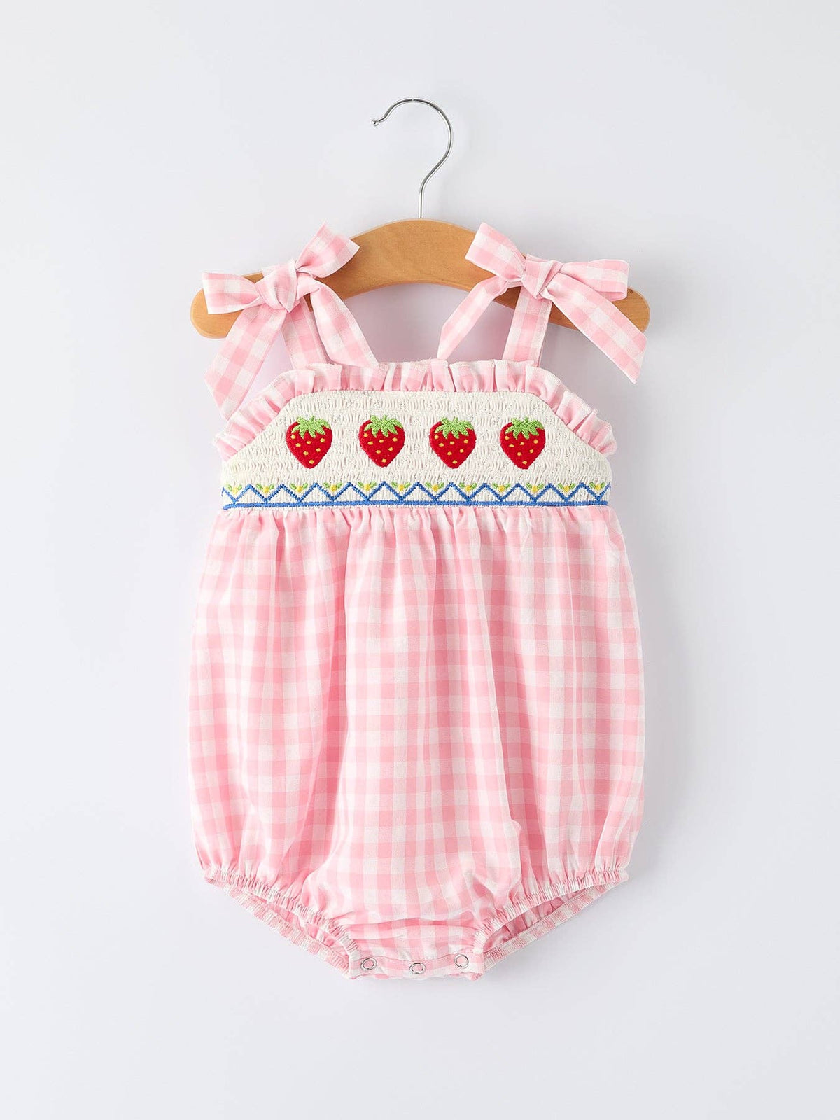 Rylee Faith Designs Strawberry Embroidery Girl Romper Bow Strap Ruffle