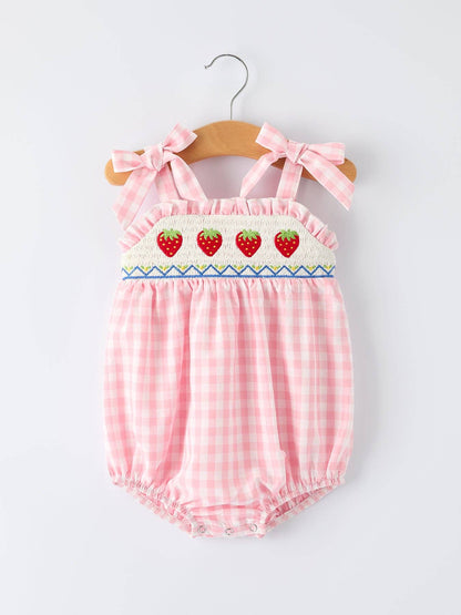 Rylee Faith Designs Strawberry Embroidery Girl Romper Bow Strap Ruffle
