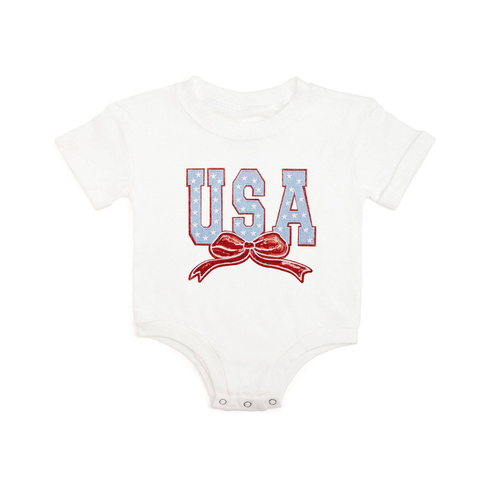 Sweet Wink 03-6M USA Stars & Bow Patch Short Sleeve Romper - Fourth of July GOS-183 WH-03-6M
