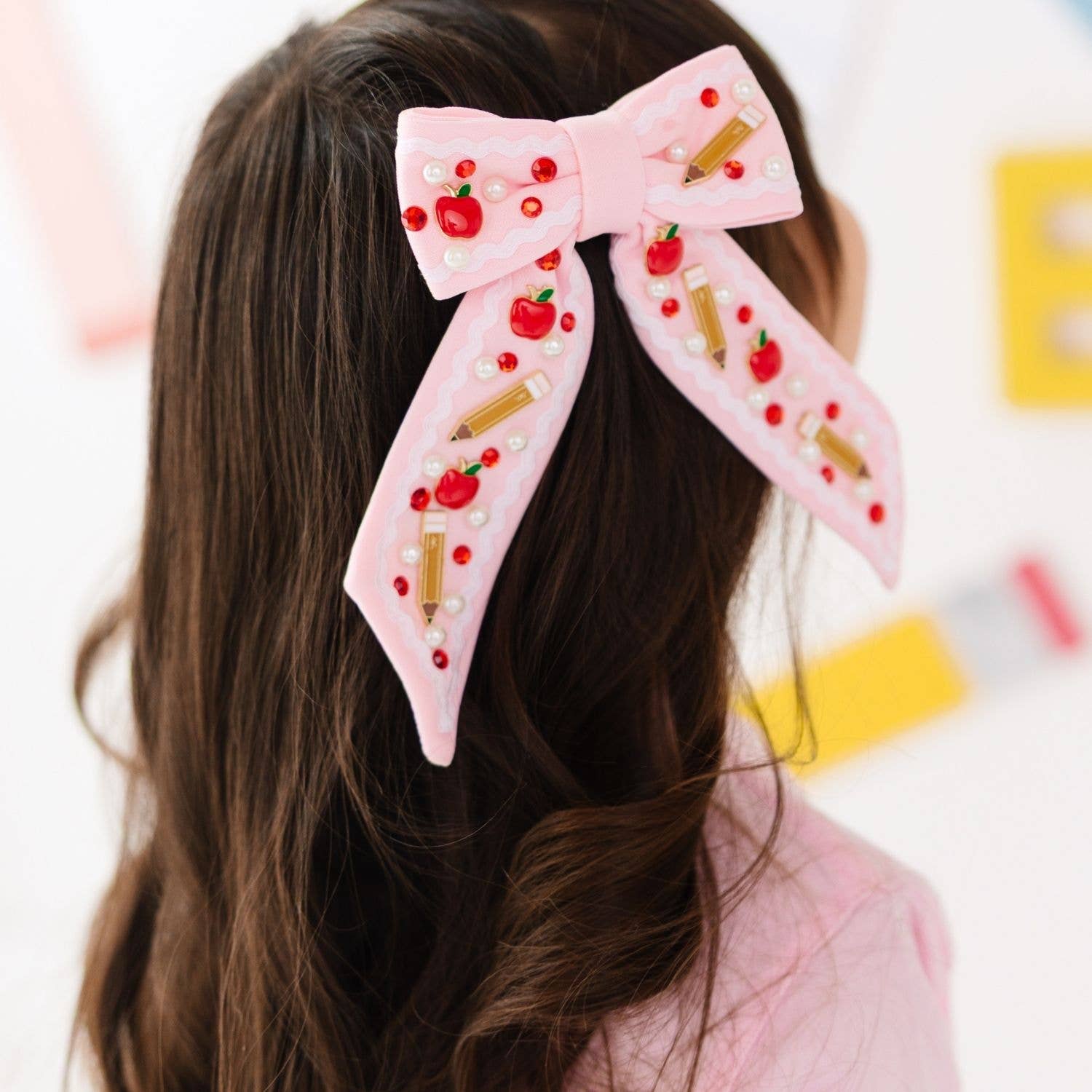 Sweet Wink Apple Gemstone Bow Clip - Hair Bows - Back To School CL-297