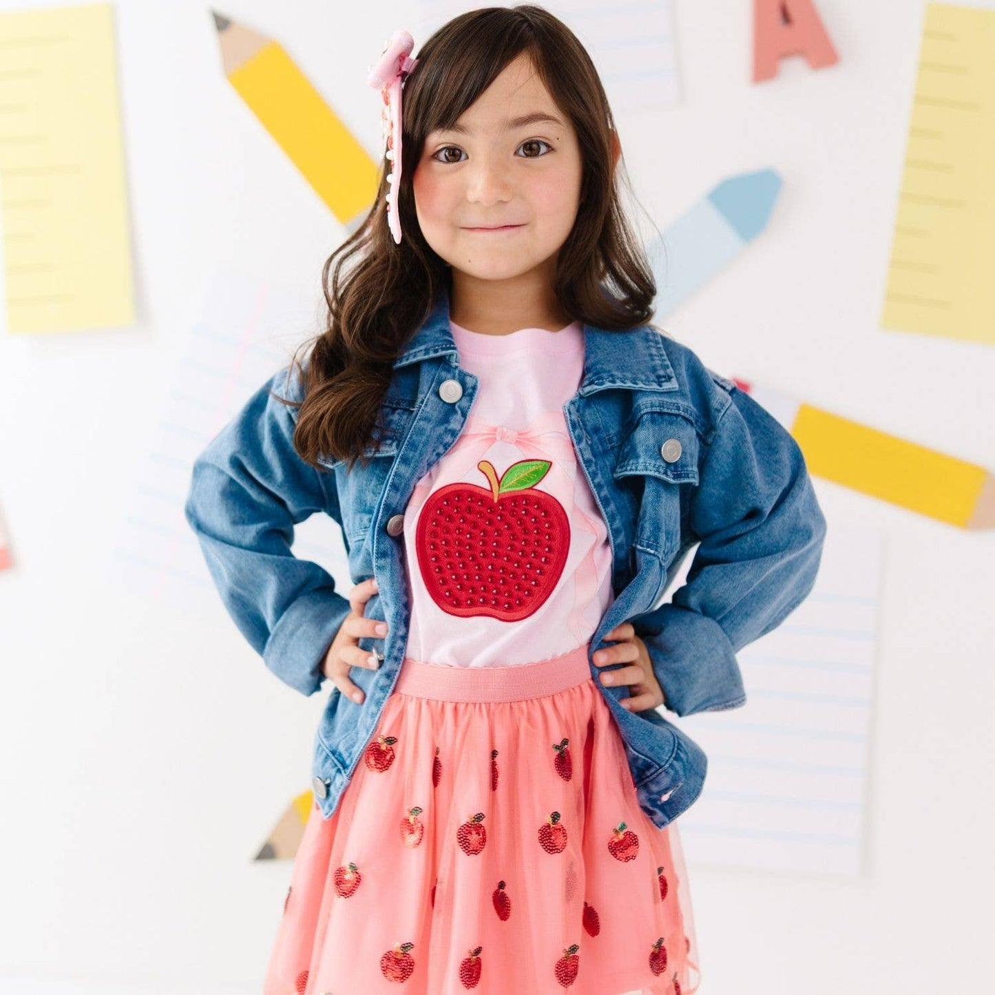 Sweet Wink Apple Gemstone Bow Clip - Hair Bows - Back To School CL-297