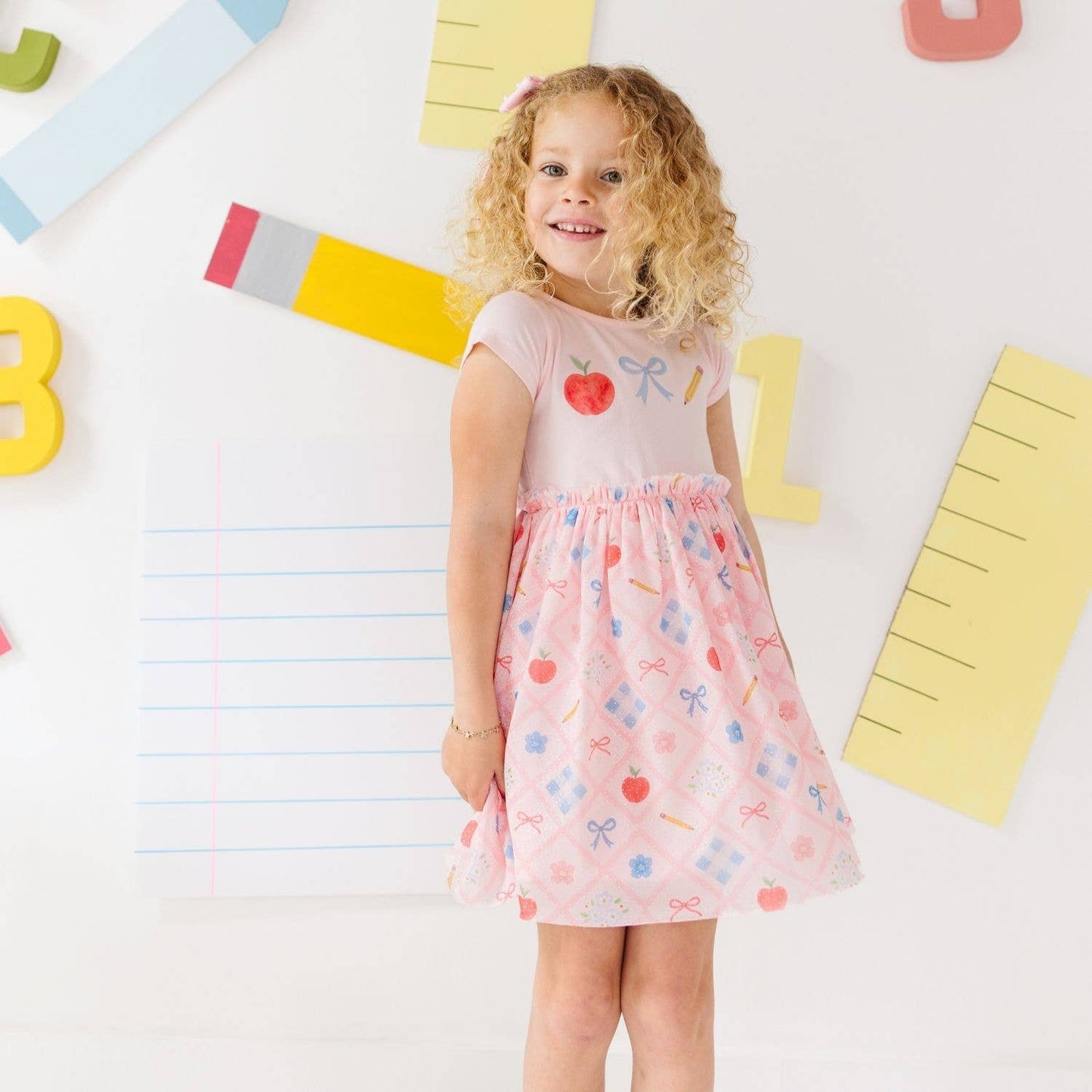 Sweet Wink Back To School Trellis Short Sleeve Tutu Dress Kids Clothing