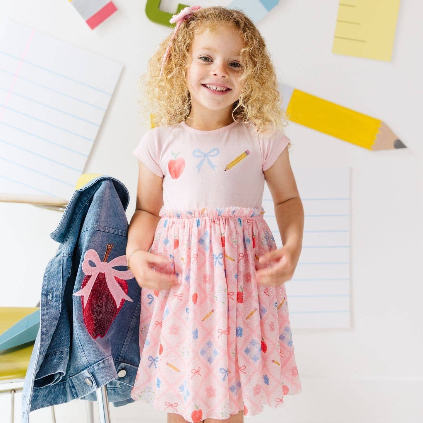 Sweet Wink Back To School Trellis Short Sleeve Tutu Dress Kids Clothing
