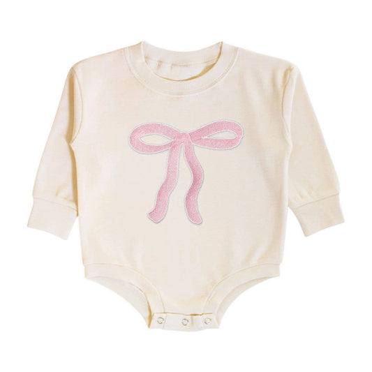 Sweet Wink Coquette Bow Patch Long Sleeve Romper - Natural