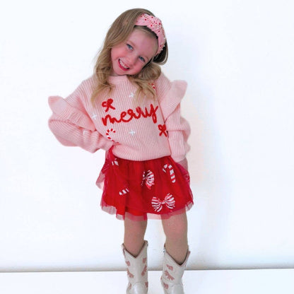 Sweet Wink Coquette Merry Christmas Knit Sweater - Kids Clothing