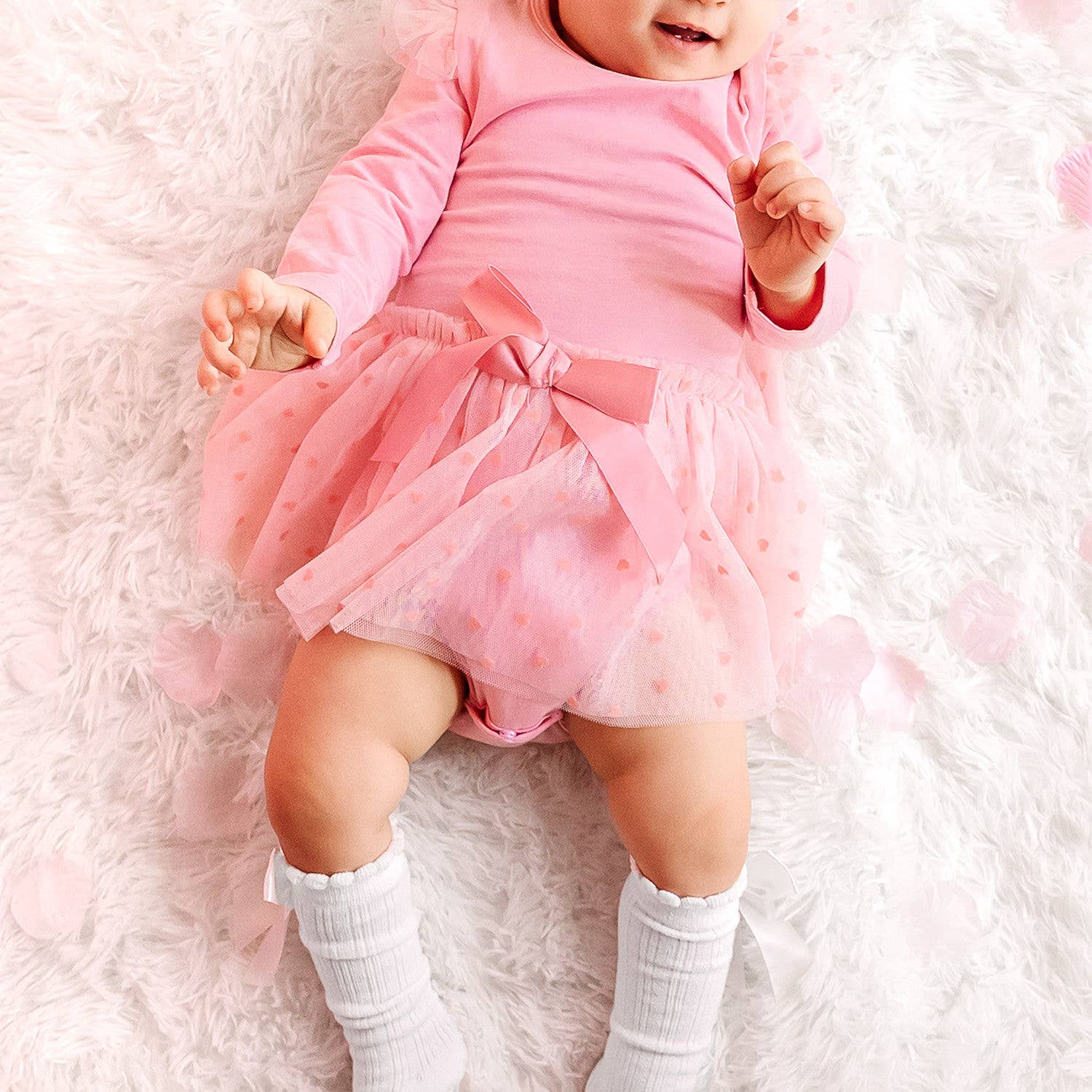 Sweet Wink Flocked Heart Valentine's Day Tiered Long Sleeve Tutu Bodysuit