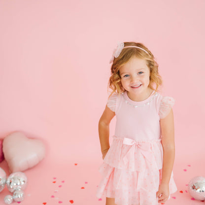 Sweet Wink Flocked Heart Valentine's Day Tiered Short Sleeve Tutu Dress