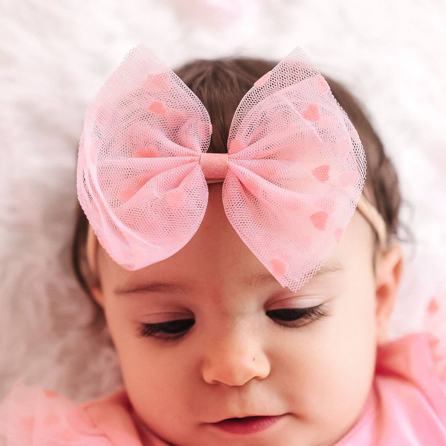 Sweet Wink Flocked Heart Valentine's Day Tulle Bow Baby Headband - Hair SH-145