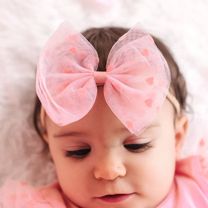 Sweet Wink Flocked Heart Valentine's Day Tulle Bow Baby Headband - Hair SH-145