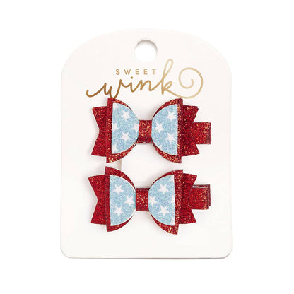 Sweet Wink Glitter Flag Bow Clip Set - Fourth of July - Kids Hair Bows CL-231