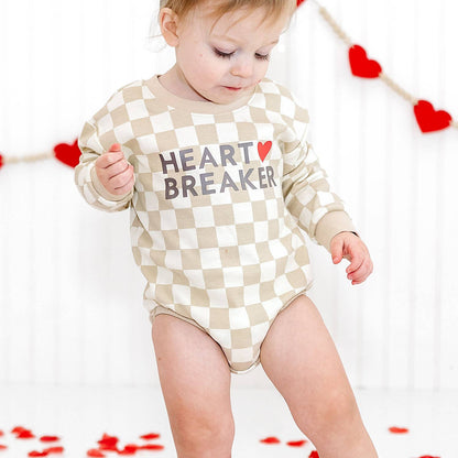 Sweet Wink Heartbreaker Checkered Valentine's Day Long Sleeve Romper - Natural