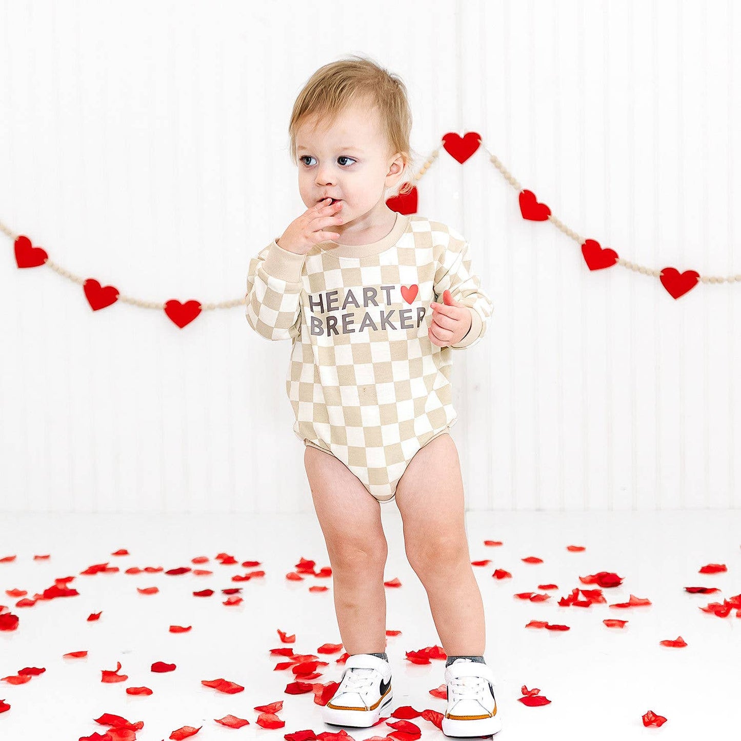 Sweet Wink Heartbreaker Checkered Valentine's Day Long Sleeve Romper - Natural