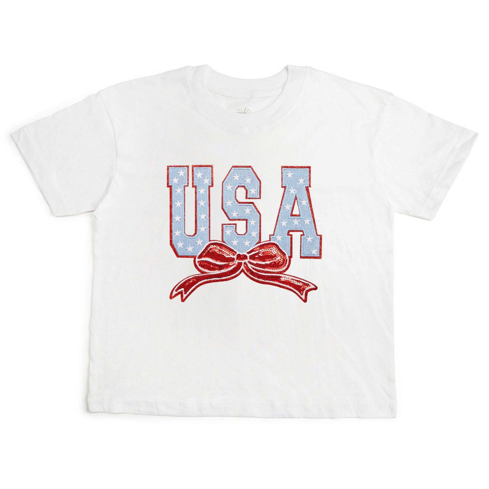Sweet Wink S USA Stars & Bow Patch Women's Short Sleeve T-Shirt - White AST-17 WH-S