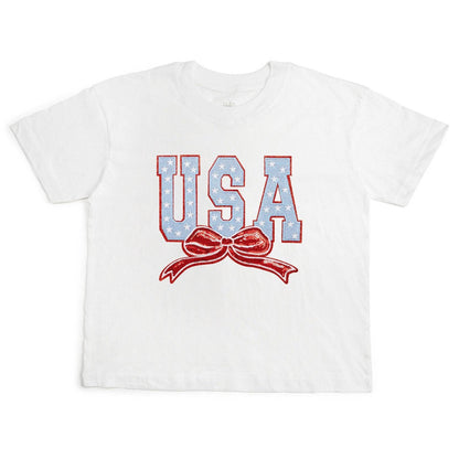 Sweet Wink S USA Stars & Bow Patch Women's Short Sleeve T-Shirt - White AST-17 WH-S