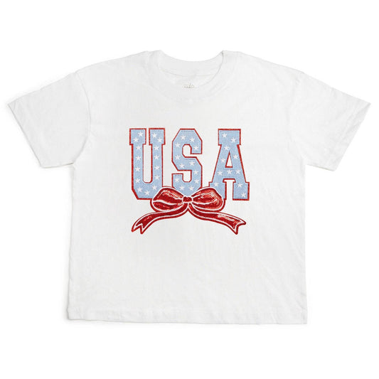 Sweet Wink S USA Stars & Bow Patch Women's Short Sleeve T-Shirt - White AST-17 WH-S