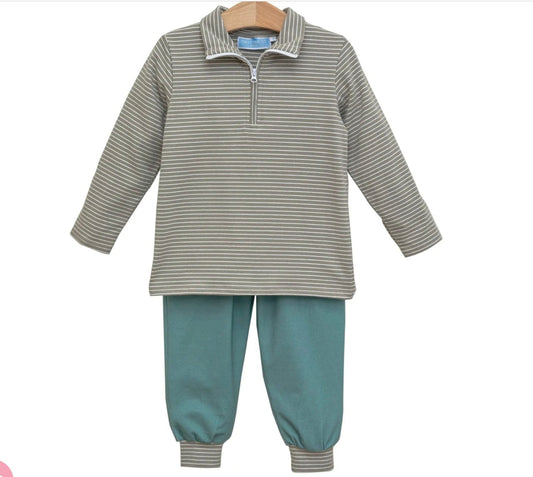 Trotter Street Tucker Pullover Set- Beige Stripe/Sage