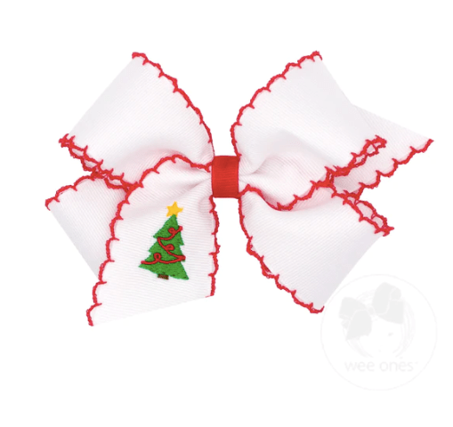 Wee One Default King Grosgrain Hair Bow with Moonstitch Edge Christmas tree Embroidery