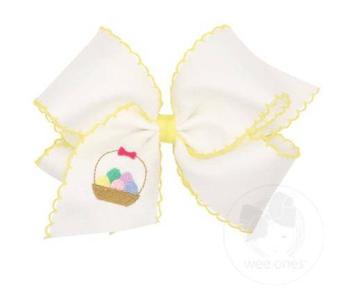Wee One Default King White Grosgrain Girls Hair Bow with Moonstitch Edge and Easter Embroidery