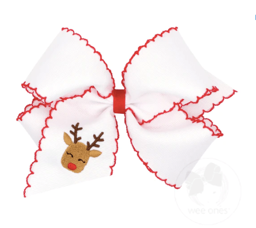 Wee One Default Medium Grosgrain Hair Bow with Moonstitch Edge and Reindeer  Embroidery