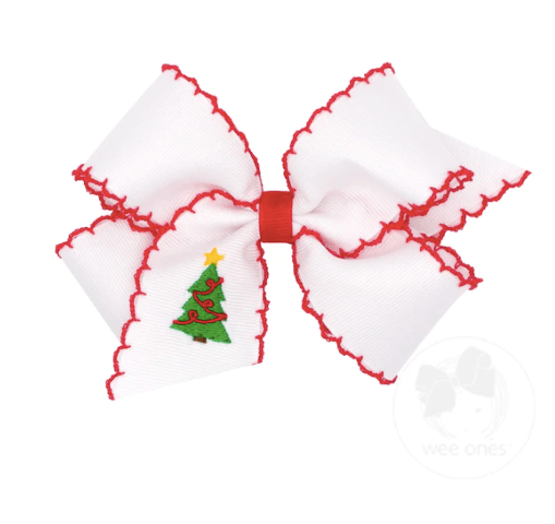 Wee One Default Medium Grosgrain Hair Bow with Moonstitch Edge Christmas tree Embroidery