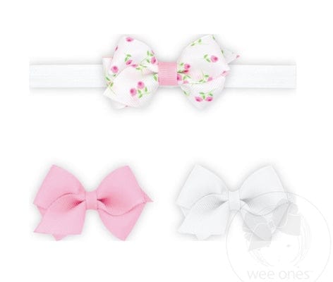 Wee Ones GIFT PACK! One Wee Rose-patterned Printed and Two Solid Wee Grosgrain Hair Bows and One Add-A-Bow Band