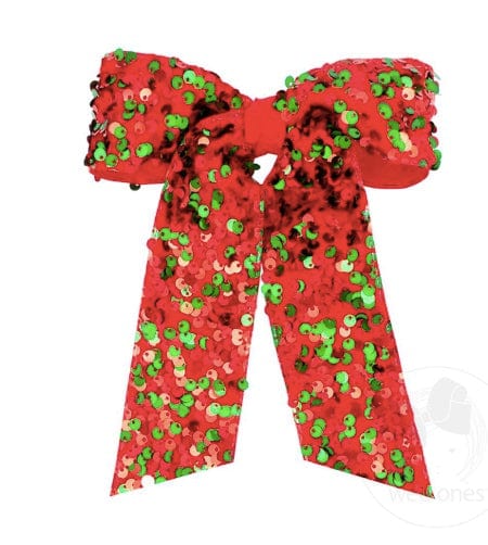 Wee Ones King Red and Green Velvet Sequin Two-loop Hair Bow with Long Front Tails and Knot Wrap