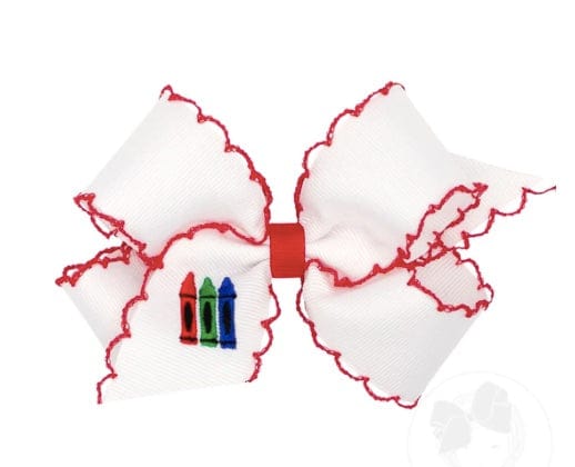 Wee Ones Medium Grosgrain Hair Bow with Red Moonstitch Edge and Crayon Embroidery